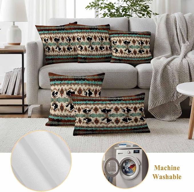 Boho Cowhide Outdoor Pillow Covers 24"x24" Set of 2, Western Aztec Tribal Green Brown Cow Texture Waterproof Throw Pillow Covers for Patio Furniture, Decorative Cushion Covers for Porch