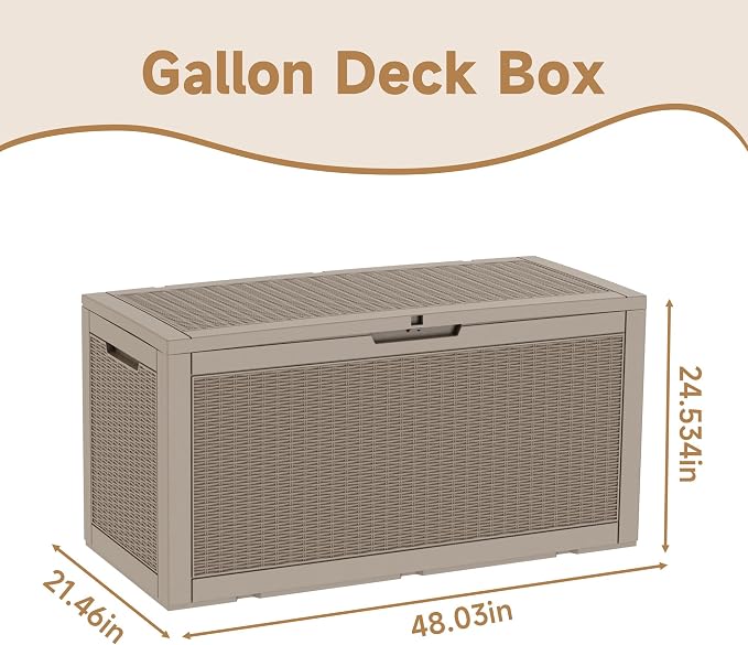 120 Gallon Outdoor Storage Deck Box Waterproof Resin Lockable Outside Bench Porch Patio Furniture Pool Float Garden Tool Cushion UV Resistant Bin Beige
