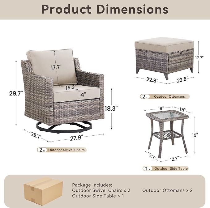 5 Pieces Outdoor Patio Furniture Set-All-Weather Wicker Patio Swivel Glider Chairs with 2 Ottoman and Glass Side Table, Patio Conversation Sets for Porch Balcony Deck - Beige/Grey