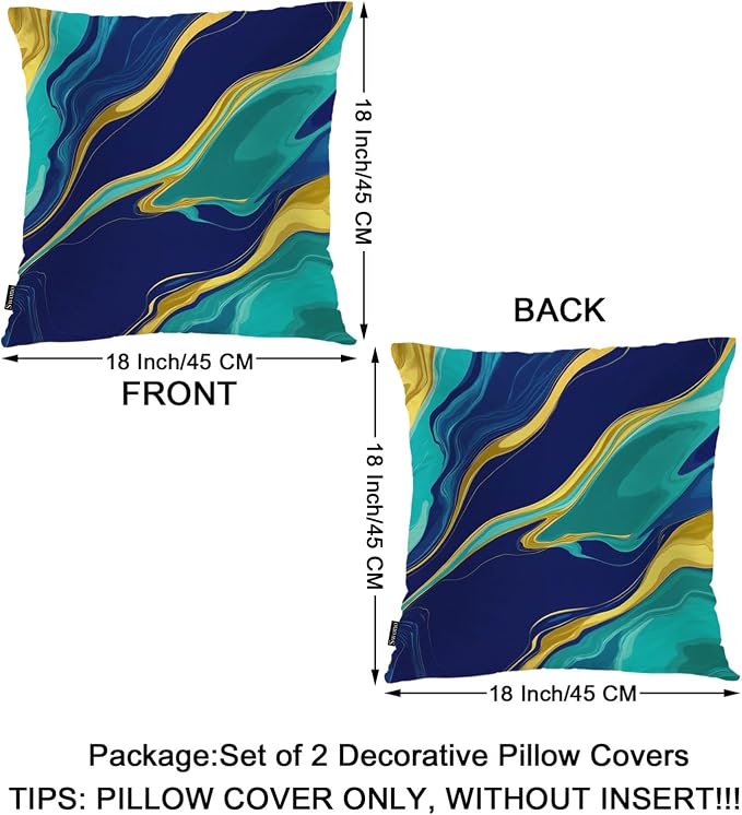 Swono Home Decorative Throw Pillow Covers Marble Pattern, Abstract Swirl Marble Stone Set of 2 Pillow Case Cushion Cover for Sofa Couch Bed Farmhouse Pillows Covers Decor 18x18 Inch, Blue Gold