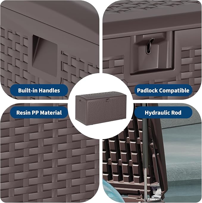 Jojoka 120 Gallon Lockable Outdoor Storage Box - Waterproof UV-Resistant Resin Deck Bench with Gas Spring Lid - For Patio Furniture Cushions, Garden Tools, Pool Accessories - Brown, Gas Spring