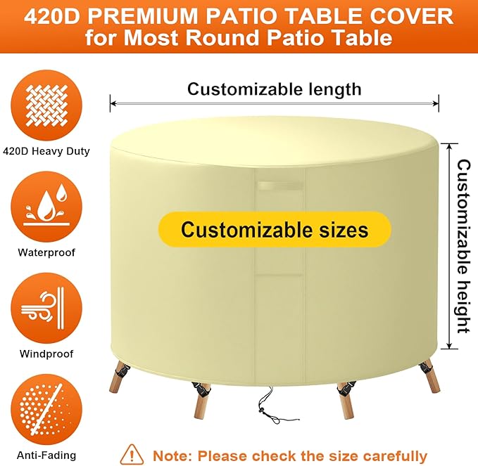 76"(D) x 48"(H) Round Outdoor Furniture Cover, Custom Heavy Duty 420D Waterproof Patio Furniture Cover with Drawstring & Buckles for Table Chair Garden, Cream