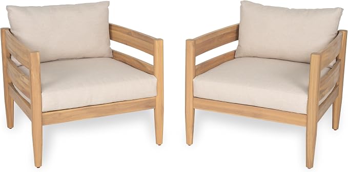 Christopher Knight Home Kory 5-Piece Acacia Wood Patio Furniture Set, Outdoor Conversation Sofa Chat Set with Club Chair and Coffee Table, Patio 7-Seater Seating Group for Backyard Balcony, Teak+Beige