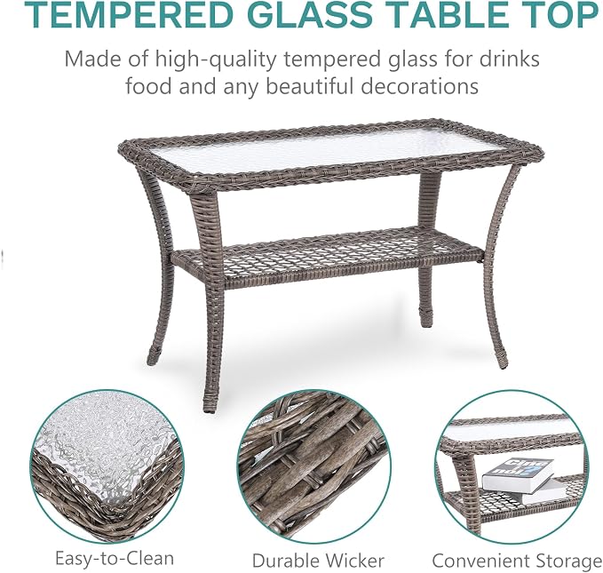 MEETWARM 5-Piece Outdoor Patio Set - Conversation Set with Glider Loveseat, 2 Armchairs & Glass-Top Coffee Table, Thickened Cushions, Gray