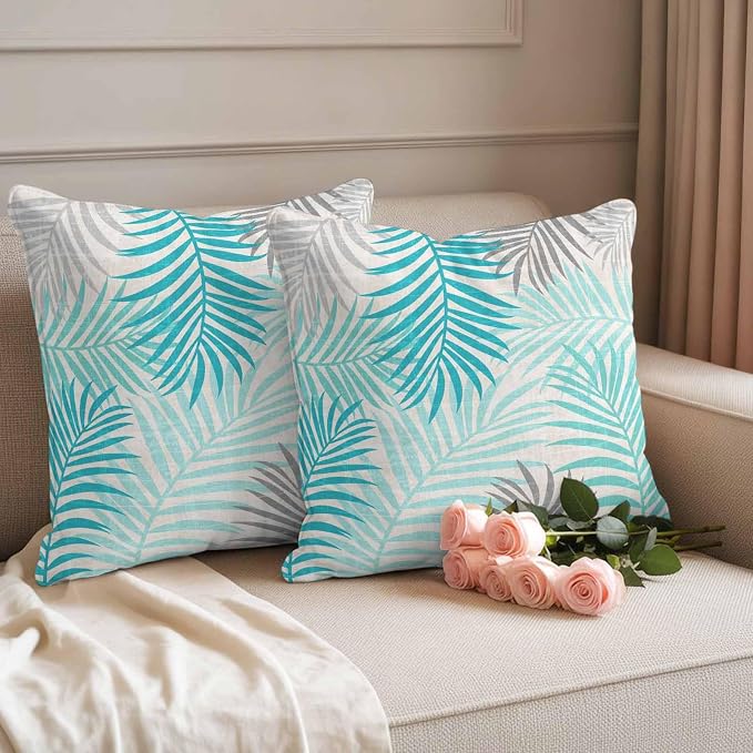 Outdoor Waterproof Throw Pillow Covers, Teal Grey Palm Leaves Decorative Pillow Cases, Summer Botanical Tropical Leaf Couch Pillow Protector Patio Sofa Cushion Covers Replacement 16"x16" 2 Pack