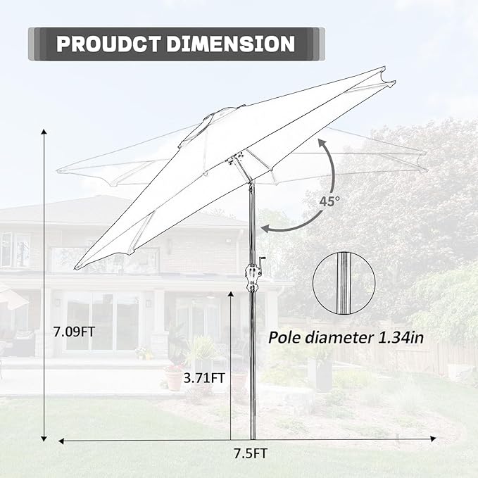 GDY 7.5Ft Patio Umbrella, Outdoor Umbrella Aluminum Market Table Umbrellas with Tilt, Crank and Sturdy Ribs for Lawn, Garden, Backyard and Pool (White)