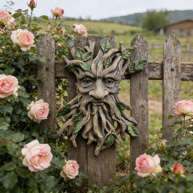 Whimsical Tree Face Garden Decoration ，Tree Faces Decor Outdoor Wallmounted Statue Art with Leaf Features, Outdoor Decor Garden Accessory (Nature and Outdoors)