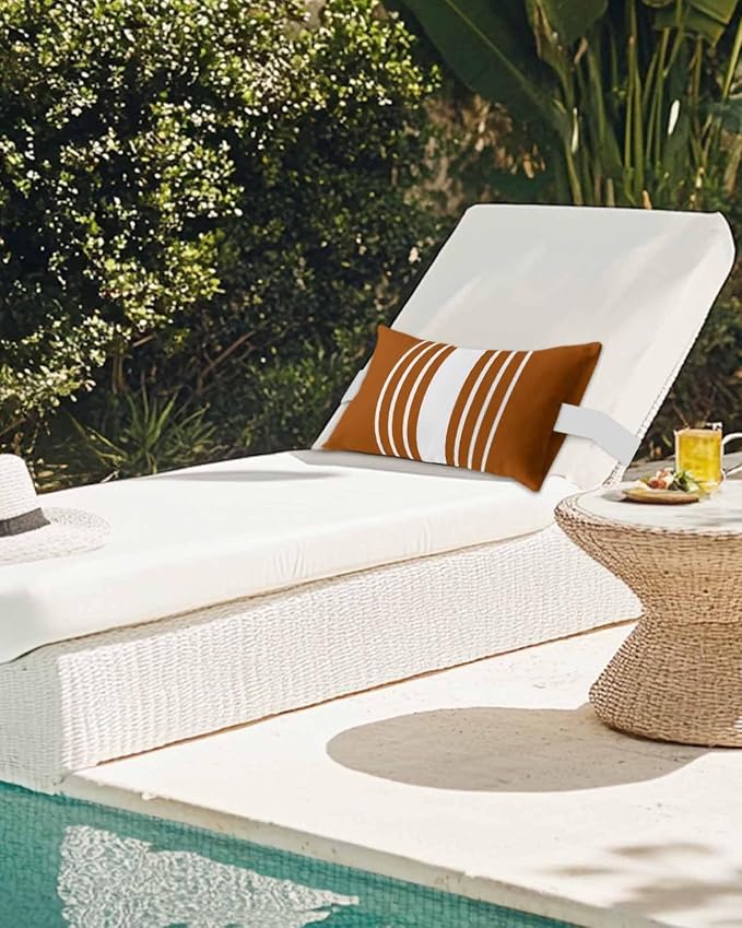Pack of 2 Outdoor Lumbar Pillow Covers 12x20 Inch, Burnt Orange White Stripe Waterproof Throw Pillow Covers Set, Modern Rustic Vertical Striped Indoor&Outdoor Cushion Cases for Patio Porch Beach