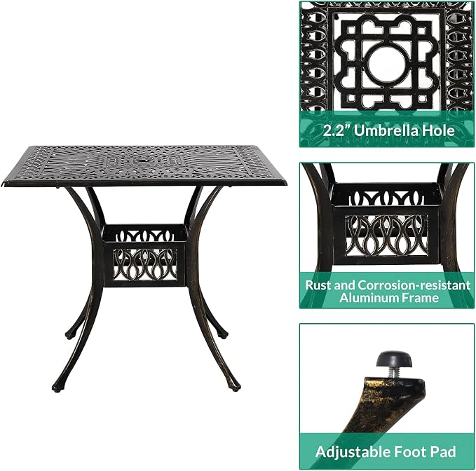 VIVIJASON 5-Piece Outdoor Cast Aluminum Patio Dining Set, All-Weather Conversation Furniture Set, Include 4 Chairs and a 35.4 inch Square Table w/Umbrella Hole for Balcony, Lawn, Garden, Backyard