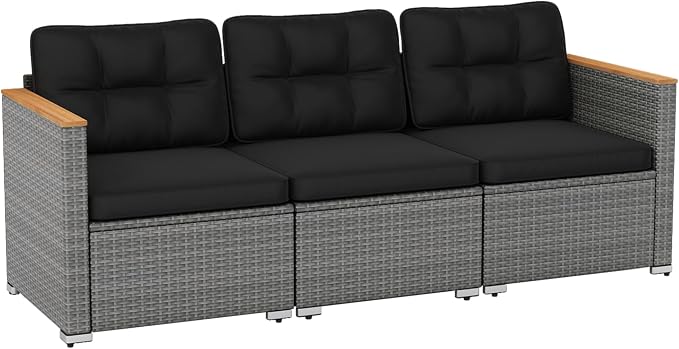 Tangkula 3-Seat Patio Wicker Couch Sofa, Outdoor 3 Seater Rattan Furniture Set with Acacia Wood Armrests & Thick Cushion, Outside Sectional Sofa Couch for Porch, Deck, Garden and Backyard, Black
