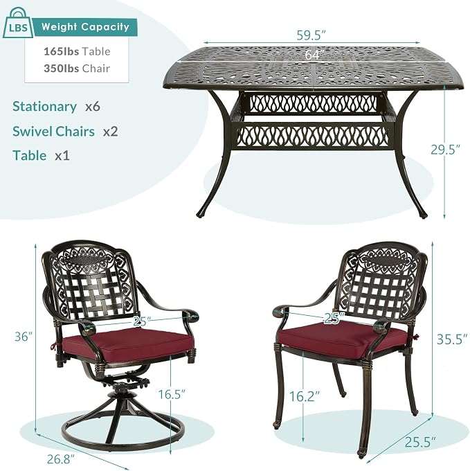 MEETWARM 9-Piece Outdoor Patio Dining Set for 8, All Weather Cast Aluminum Patio Funiture Table and Chairs Set- Large 64" Square Table and 2 Swivel Rocker Chairs, 6 Stationary for Garden, Red