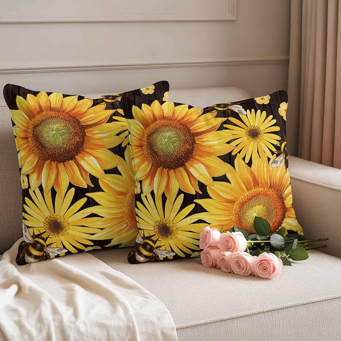 Outdoor Throw Pillow Covers,Yellow Sunflower Daisy Flower Waterproof Decorative Pillowcases Cushion Cover Spring Rustic Floral Bee Black Pillow Cases for Patio Couch Sofa Bed,26x26in Set of 2
