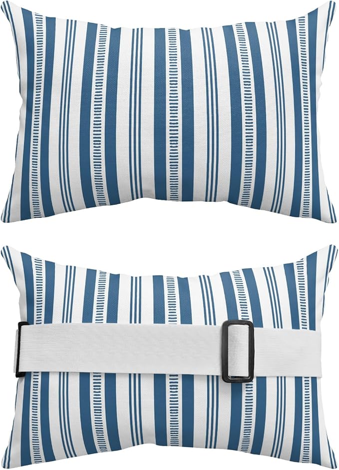 Outdoor Lumbar Pillows 12x20 Set of 2, Blue Boho Striped Waterproof Throw Pillow Covers with Insert, Modern Thin Line Stripes Geometric Decorative Support Pillows for Lounge, Chaise