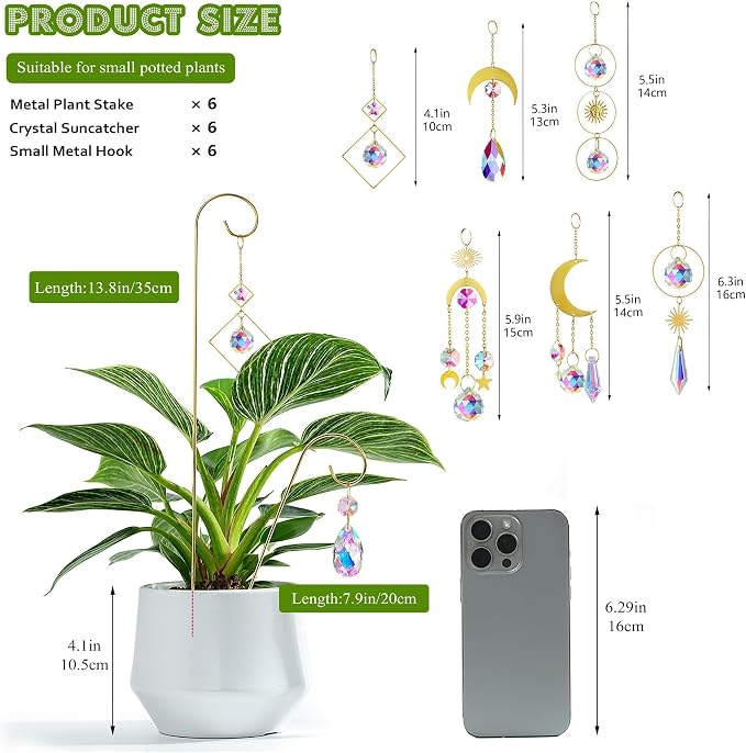 6Pack Small Trellis for Potted Plant Indoor with Crystal Prisms Sun Catcher | 13.5'' Metal Plant Stake Suncatchers for Mini Potted Plant Decoration for Home Window Garden,Gift For Plant Lovers