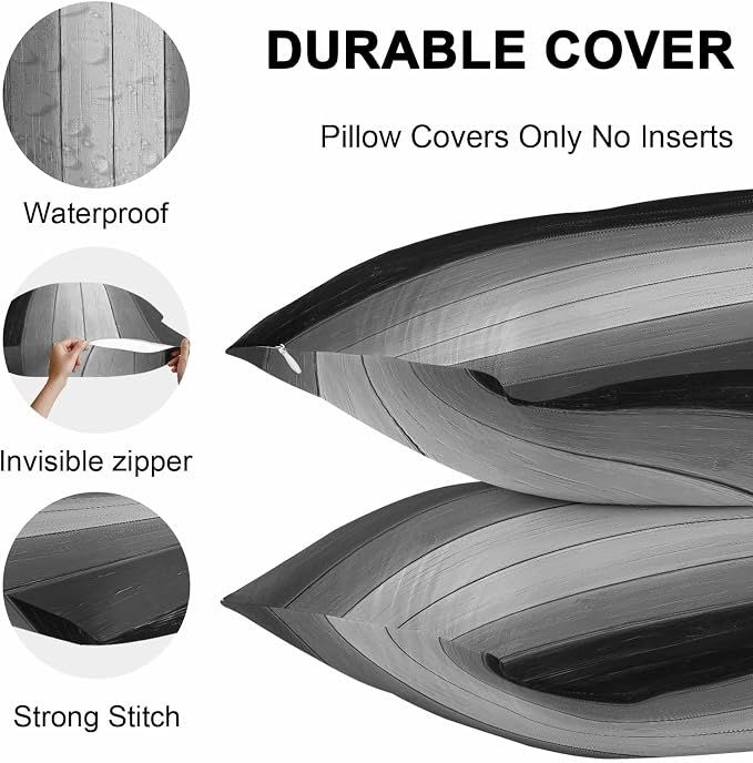 Throw Pillow Covers 20x20 Inch Set of 2, Black Gray Ombre Waterproof Outdoor Cushion Covers, Vintage Country Wooden Decorative Pillowcases for Couch, Sofa, Bed, Garden, Patio