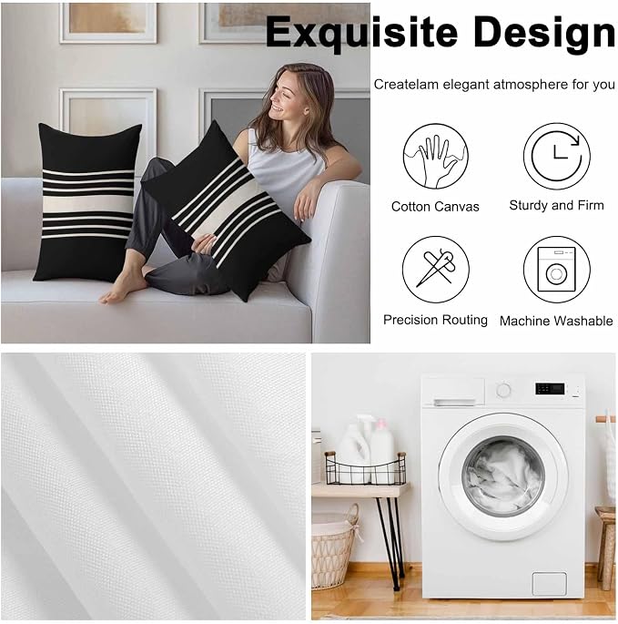 Vandarllin Outdoor Throw Pillows Covers 20x12 inch Set of 2 Waterproof Black Stripes Decorative Zippered Cushion Covers for Patio Furniture, Classic Striped Linen Lumbar Pillowcases