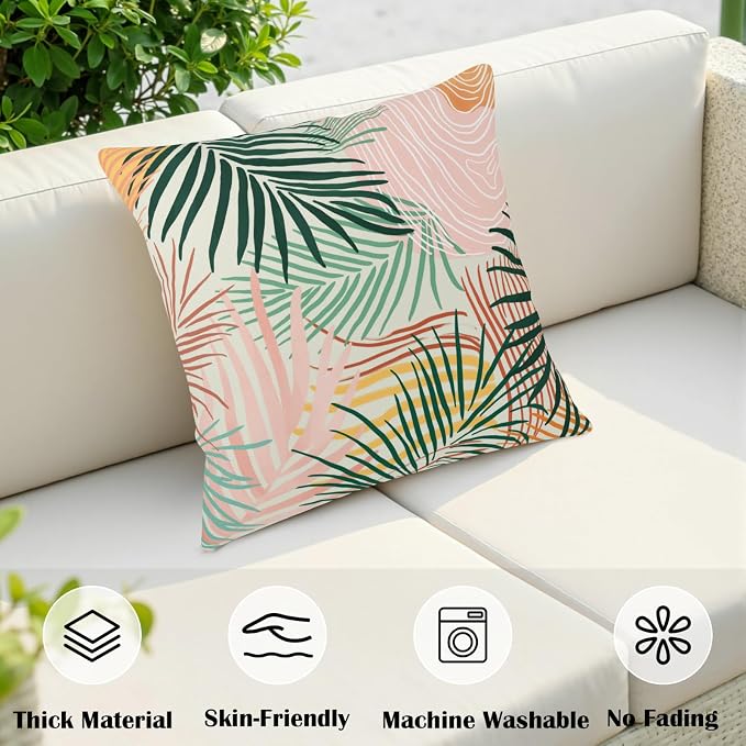 Colorful Abstract Pillow Covers Pink Green Tropical Palm Tree Leaves Throw Pillow Covers Modern Art Pillowcase 20x20 Set of 2 Neutral Cushion Case for Indoor Outdoor Couch Sofa
