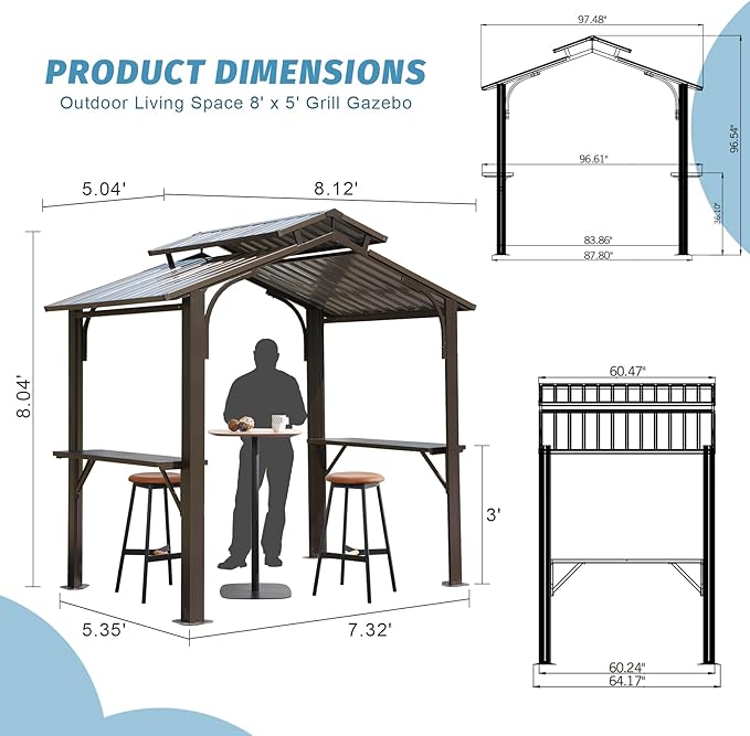 Domi Hardtop Grill Gazebo 8x5FT, Grill Canopy for Outdoor Grill w/Double Galvanized Steel Roof, 2 Side Shelves and Ceiling Hooks, BBQ Gazebo Grill Tent for Patio Garden Backyard, Brown