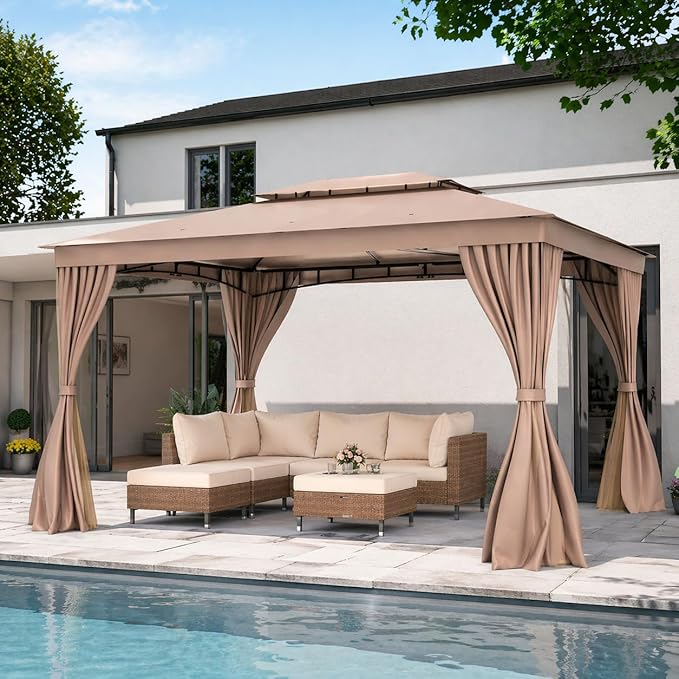LAUSAINT HOME Patio Gazebo 10'x13', Outdoor Heavy Duty Party Tent Shelter with Double Roofs, Mosquito Nettings and Privacy Screens for Backyard, Garden, Lawn, Khaki