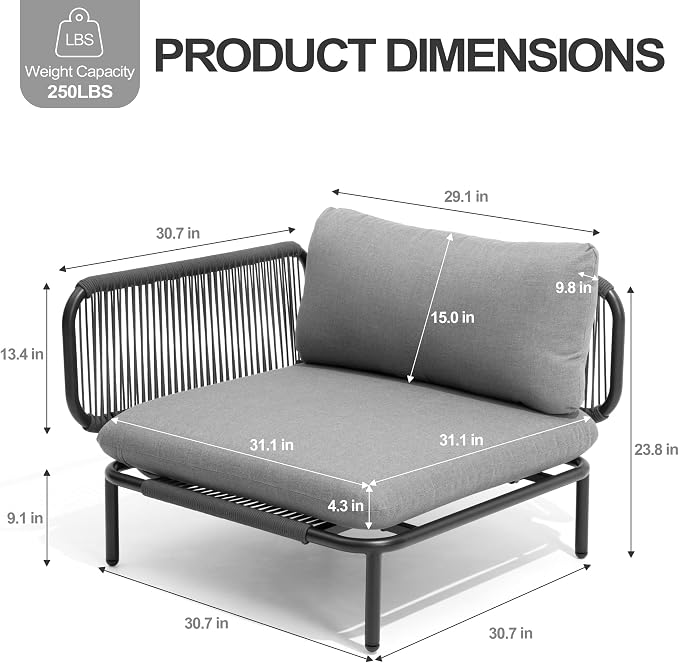 Patio Furniture Set, Outdoor Patio Furniture Oversized Metal Patio Sectional Sofa, 2-Seat Conversation Set with Cushion for Indoor and Outdoor, Black Frame & Dark Grey Mat (2 Seats 4 Armrests)