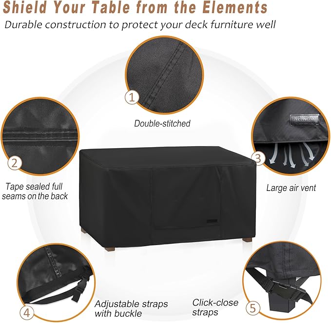 NettyPro Patio Coffee Table Cover Rectangle, Waterproof Outdoor Furniture Small Side Table Cover Rectangular, 42x24x18 inch, Black