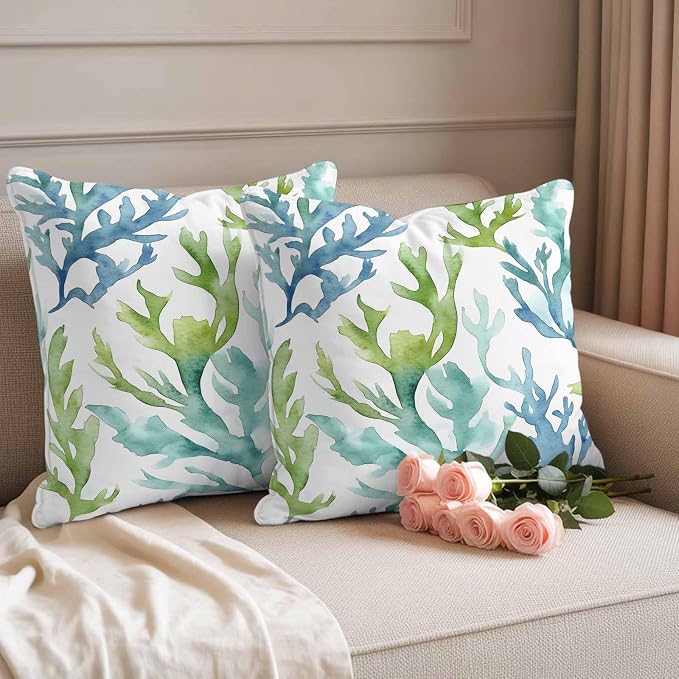 JasmineM Outdoor Pillow Cover 16x16 Inches Set of 2 Blue Teal Coral Waterproof Throw Pillow Covers Watercolor Green Decorative Pillowcases Garden Cushion Case for Patio Couch Sofa