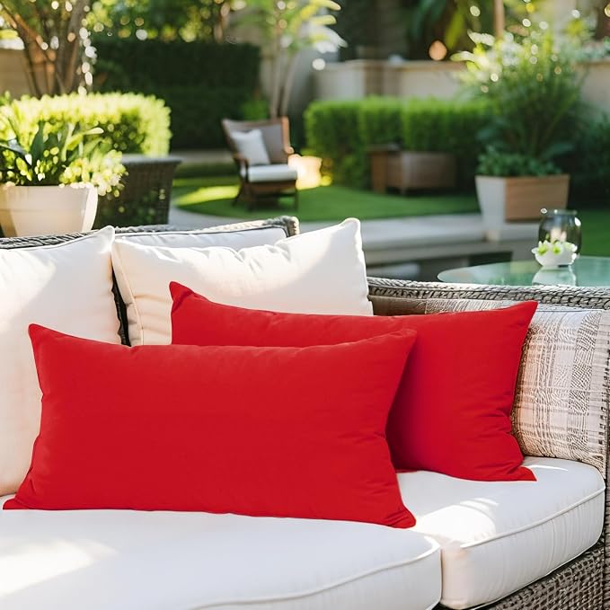 SK Studio Outdoor Water Resistant Throw Pillows, Decorative Patio Lumbar Cushions, Fluffy Furniture Garden Cushions for Home Patio Coach Sofa Use, Pack of 2, Red, 24x24 Inch