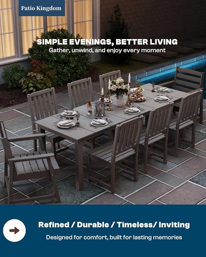 5-Piece Grey Outdoor Dining Set with White 15FT Large Patio Umbrella, 75.2'' HDPE Table & Chairs for 8, Weather-Resistant Furniture with Umbrella Hole for Patio, Lawn, Poolside