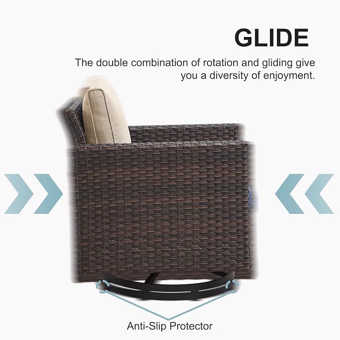 Belord 5 Pieces Wicker Patio Furniture Set: 4 Outdoor Swivel Glider Rocker Patio Conversation Set with 50000BTU Propane Fire Pit Table, All Weather Grey Rattan Anti-Rust Frame, Beige Cushion