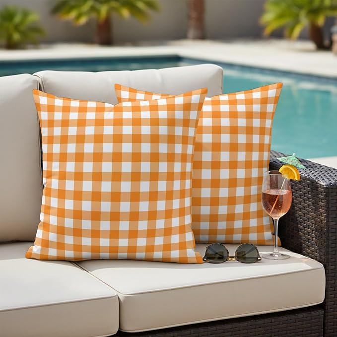Orange Checks Outdoor Pillow Covers 26"x26" Set of 2, White Gingham Plaid Abstract Modern Summer Waterproof Throw Pillow Covers for Patio Furniture, Decorative Cushion Covers for Porch
