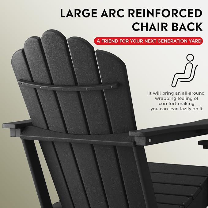 Costaelm Lakeview 3-Piece Adirondack Chair with Cup Holder and Folding Ottoman and Table Set, Black