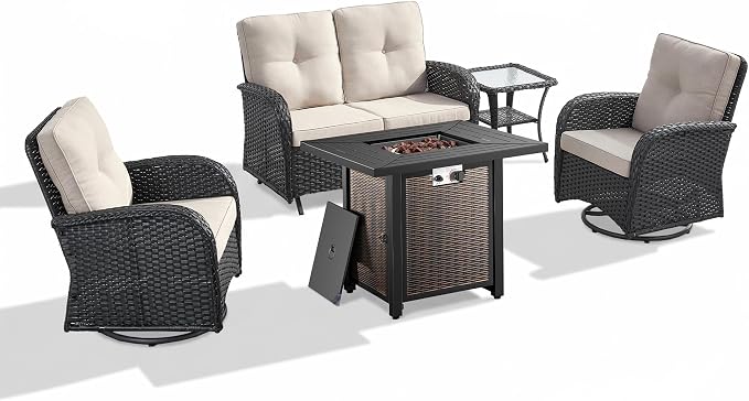 5 Piece Patio Furniture Set with Fire Pit Table - Wicker Patio Conversation Set with Swivel Glider, Glider Loveseat, Tempered Glass Side Table for Deck Backyard - Black Wicker Beige Cushion