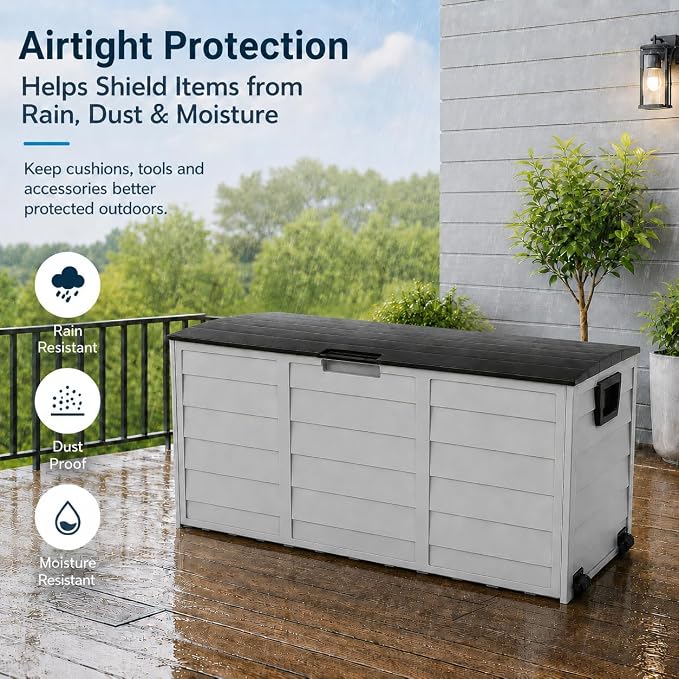 75 Gallon Resin Deck Box, Waterproof Outdoor Storage Box with Wheels, Lockable Lid and Handles, Large Deck Storage for Outdoor Gear, Patio Furniture Cushion, Gardening Tools, Black
