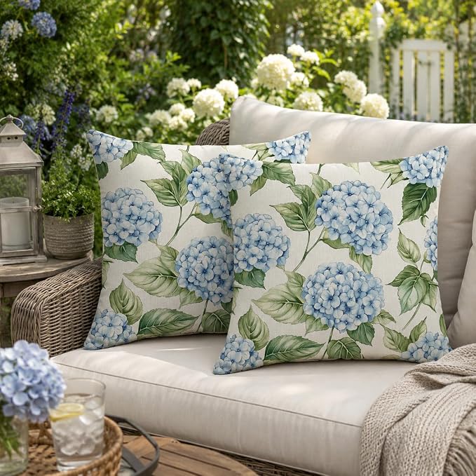 Blue Hydrangea Outdoor Pillow Covers 20x20 Set of 2, Waterproof Floral Throw Pillow Covers for Patio Garden Porch Sofa Couch, Spring Summer Farmhouse Decor