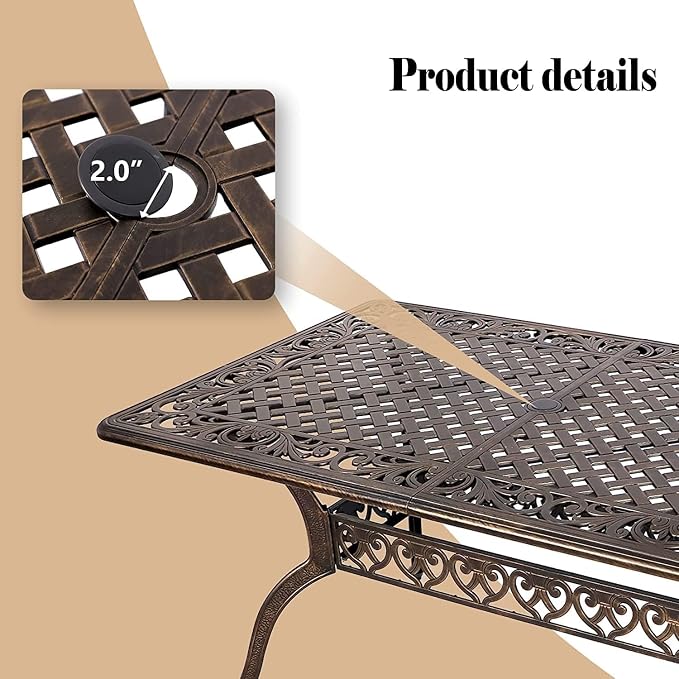 Grepatio 7 Piece Cast Aluminum Patio Dining Set, Outdoor Dining Furniture Set, Patio Table with Umbrella Hole and 6 Dining Chairs with 6 Cushions for Poolside Garden (Khaki)