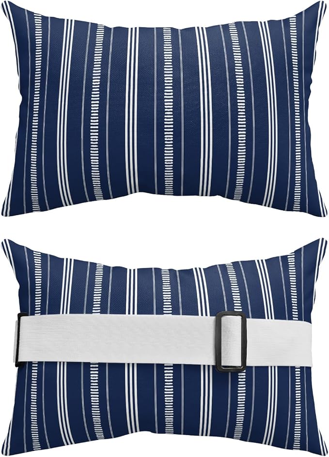 Outdoor Lumbar Pillows 11x16 Set of 2, Boho Navy Blue Waterproof Throw Pillow Covers with Insert, Minimalist Farmhouse Striped Decorative Pillowcase Cushion for Couch Sofa Bed