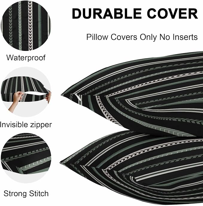 Throw Pillow Covers 18x18 Inch Set of 2, Black Green White Waterproof Outdoor Cushion Covers, Boho Vintage Abstract Striped Lines Decorative Pillowcases for Couch, Sofa, Bed, Garden, Patio