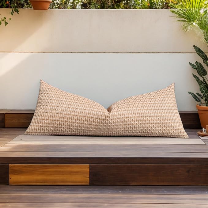 Kevin Textile Outdoor Waterproof 14"x36" Pillow Cover 1 Pack, Light Brown | Water Resistant Weaving Faux Linen Texture Throw Pillow Covers, Outside Decorative Pillowcases for Garden Patio Balcony Couch