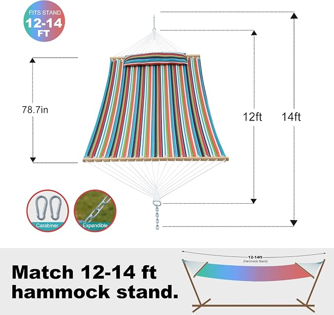 GAFETE Hammock 2 Person Quilted Fabric Hammocks for Outside, Double 12ft Hammocks with Spreader Bar, Large Removable Pillow, Storage Bag, Carabiners, Max 475 lbs Capacity (Tropical)