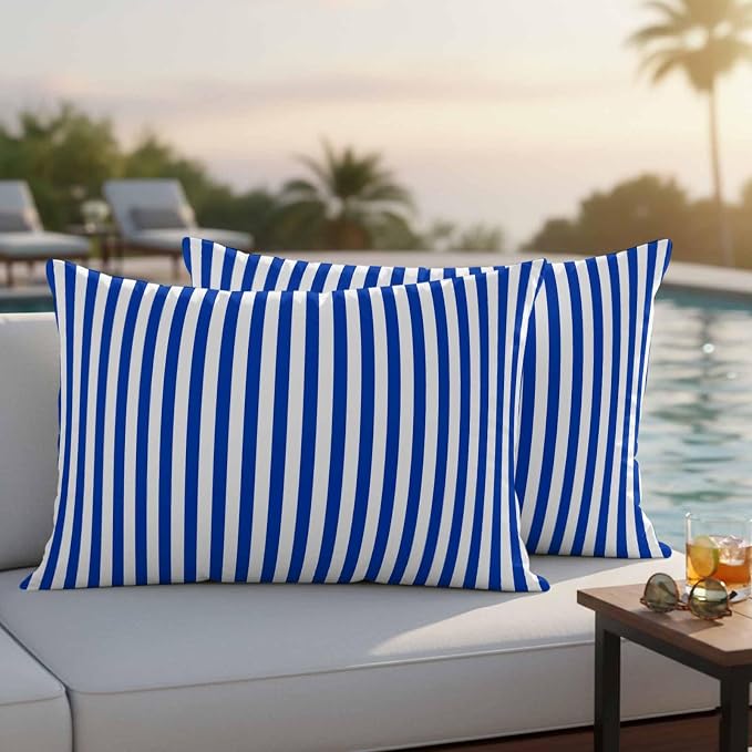 Lumbar Pillow Covers 20x12 Inch Set of 2, Navy Blue Stripe Waterproof Outdoor Cushion Covers, Modern White Vertical Striped Geometric Decorative Pillowcases for Couch, Sofa, Bed, Garden, Patio