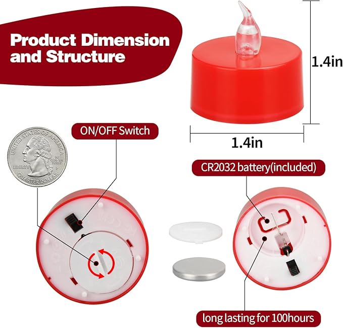 KOABY 24 Pack Red Light Non-Flickering Flameless Tea Lights, Red Base, Last 100H+, Battery Operated Tea Lights for Decor