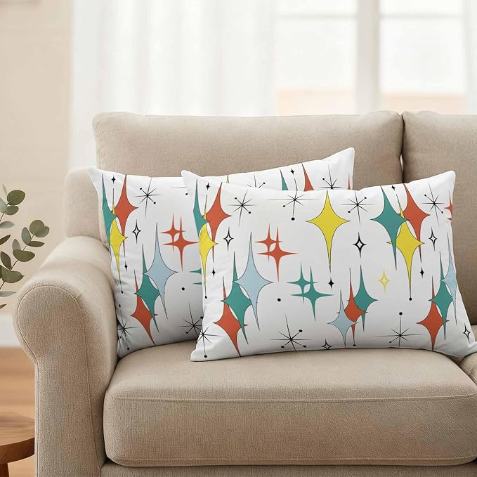 Middle Century Waterproof Outdoor Pillow Covers Set of 2 Home Decor, Boho Abstract Art Teal Orange Rhomboid Pillowcase Patio Pillow Covers for Couch Bench Furniture Garden 20x12in