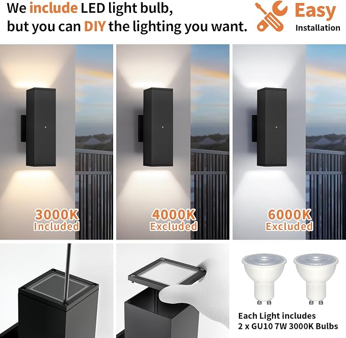 Dusk to Dawn Outdoor Lighting, LED Square Up and Down Outdoor Sconce Lights, Matte Black Exterior Lighting Fixtures with 7W LED Bulbs, Front Porch Lights for house, Garage, Patio, Doorway, 2 Pack