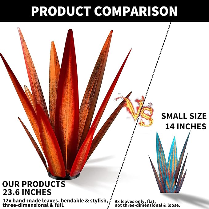 KODIBO 24" Metal Agave Plant Outdoor Decor, Large Garden Sculpture, Red | Wateproof, Rustproof, Hand-Painted Metal Plant, Tequila Rustic Sculpture, Desert Steel Yard Art, Yard Decorations Outdoor