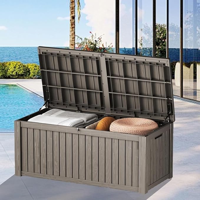 180 Gallon Outdoor Storage Deck Box, Large Storage Organizer for Patio Furniture Accessories, Garden Tools, Indoor Storage for Cushion, Grey