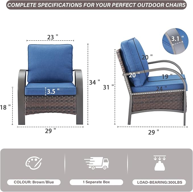 Belord Wicker Patio Chairs Set of 2-300LBS Weight Capacity Oversize Outdoor Patio Chairs with High Backrest Metal Curved Armrest, All Weather PE Rattan Outdoor Seating for Porch Deck Backyard
