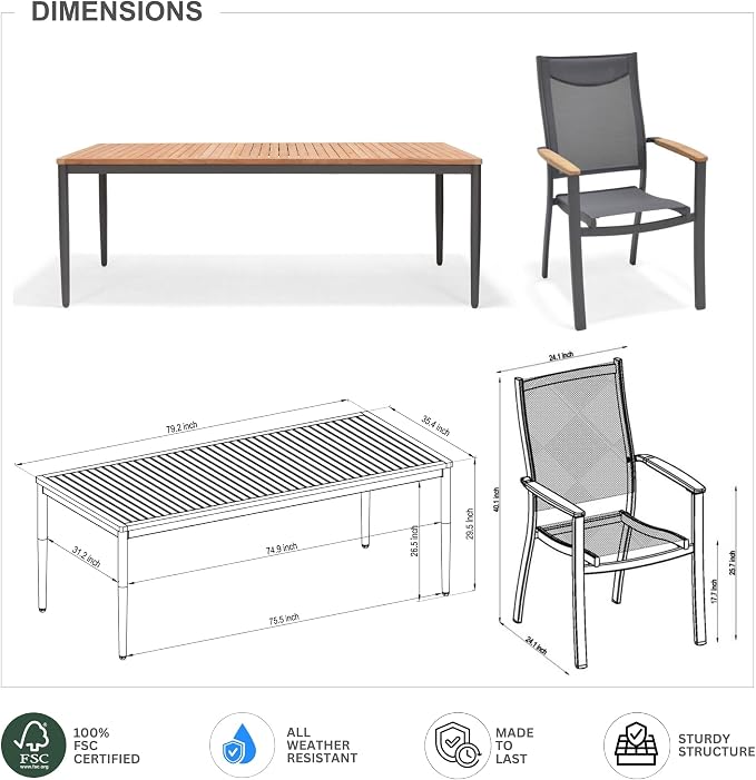 Urban Elements Solar 9-Piece Rectangular Patio Dining Set for 8 | Certified Teak & Aluminum | Ideal for Outdoors