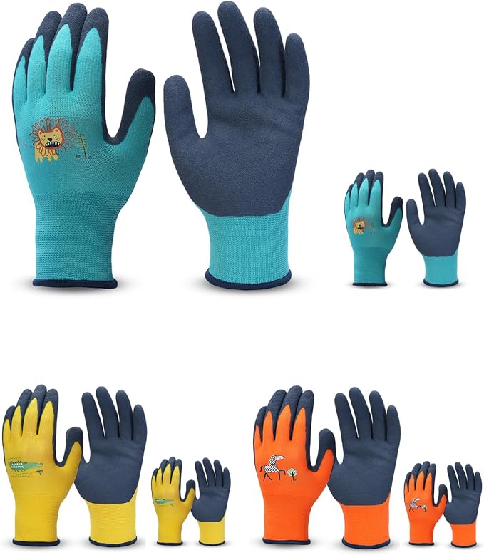 3/6 Pairs Kids Gardening Gloves, Skin-Friendly Rubber Coated Childrens Garden Gloves, Toddler Work Gloves Boys Girls