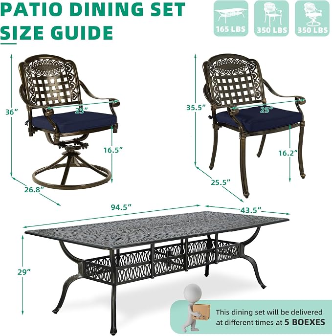 VIVIJASON 9-Piece Outdoor Dining Set, Cast Aluminum Patio Table & Chair Furniture Set, Include 94.5" Rectangular Table, 2 Swivel Rocker Chairs, 6 Stationary Chairs, Umbrella Hole, Navy Blue Cushion