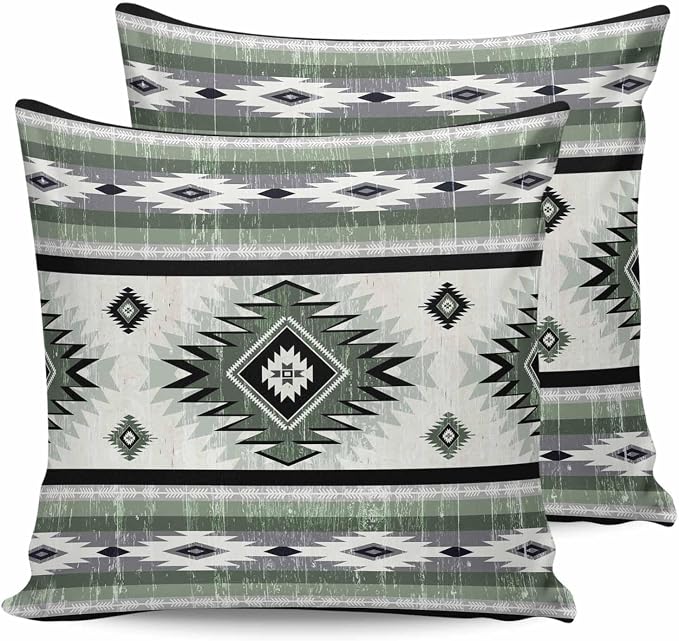 Outdoor Waterproof Throw Pillow Covers Set of 2 Sage Green Boho Aztec Pillowcases 18x18 Inches Southwest Tribal Geometric Patio Decorative Pillows Cushion Case Patio Pillows for Couch Bed Chair Garden